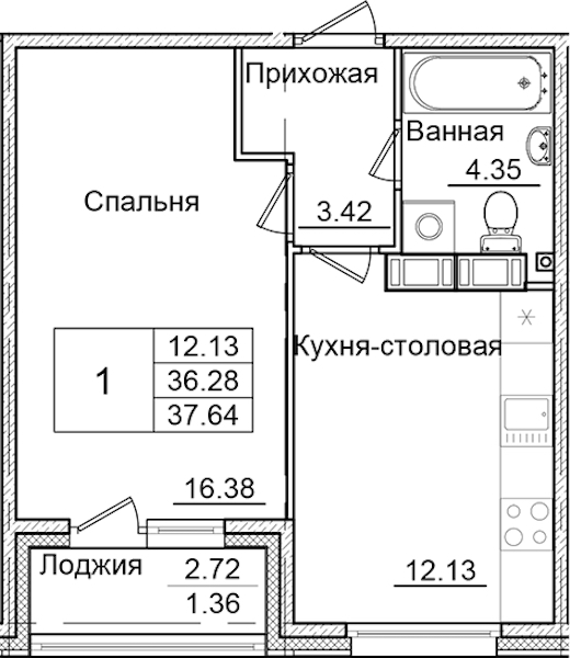 1-комнатная квартира 37.64 м², 7/9 эт., ЖК «Квартал Заречье»